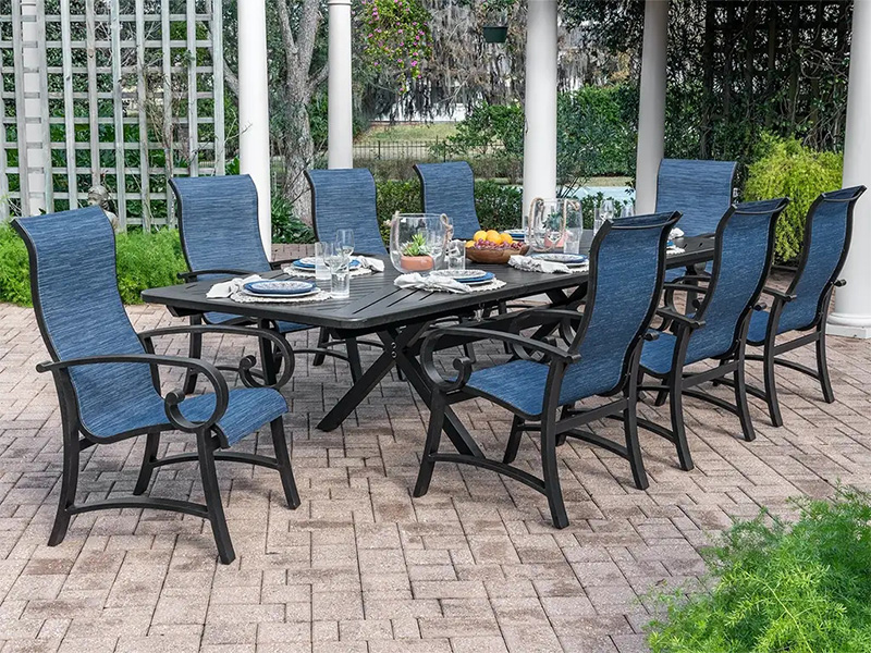Juego de comedor de 7 piezas Solstice de aluminio bronce envejecido con textilene (mesa extensible de 44x84-130