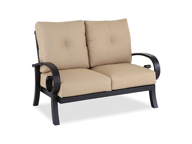 Loveseat Lodge de aluminio bronce envejecido con cojines para patio