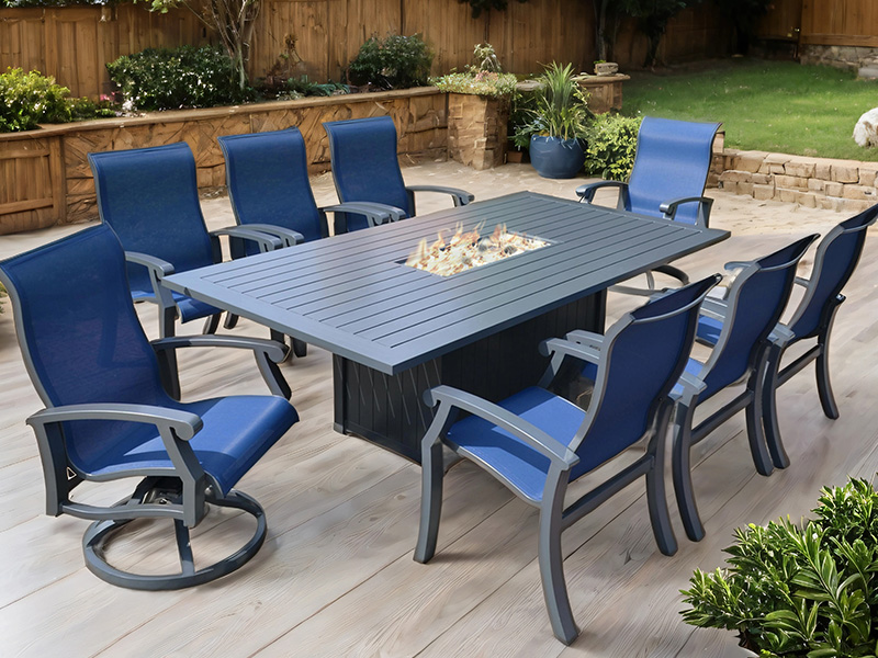 Juego de comedor de 9 piezas Chateau de aluminio para exterior con textilene (mesa fogonera de 90x47